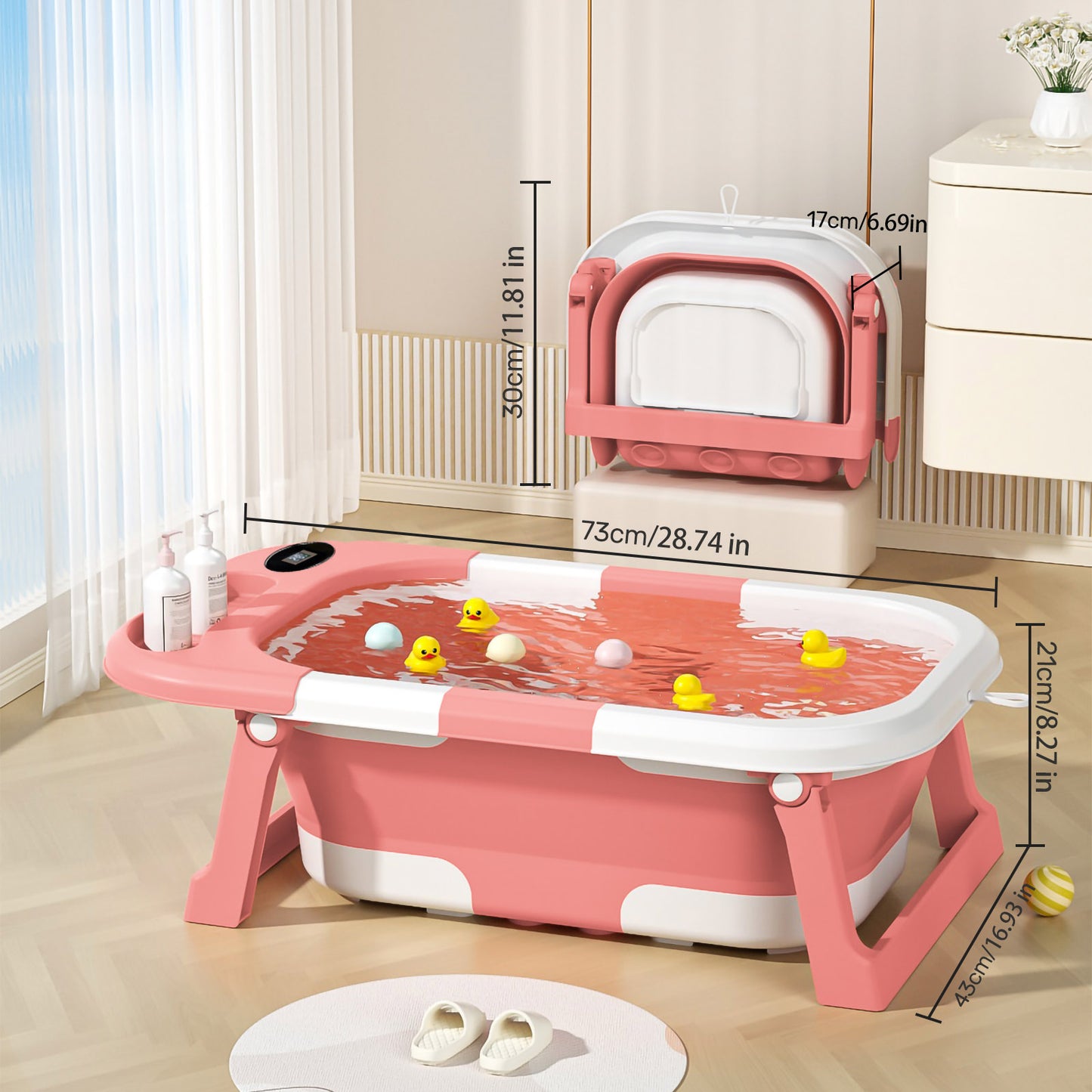 Baby Bath with Thermometer, Foldable Baby Bathtub, Non-Slip Portable Folding Bath with Seat Mat, Baby Bathtub, Baby Bathtub, Portable Travel Bathtub for Newborns from 0-36 Months baby bath tub baby bath