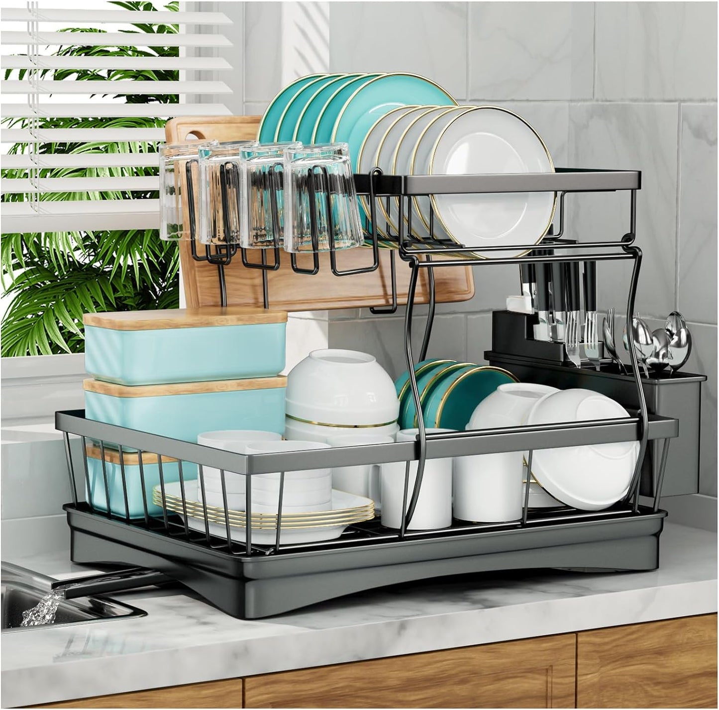 Kitchen Counter, Detachable Large Capacity Dish Drainer Organizer with Utensil Holder, 2-Tier Dish Drying Rack with Drain Board, Black