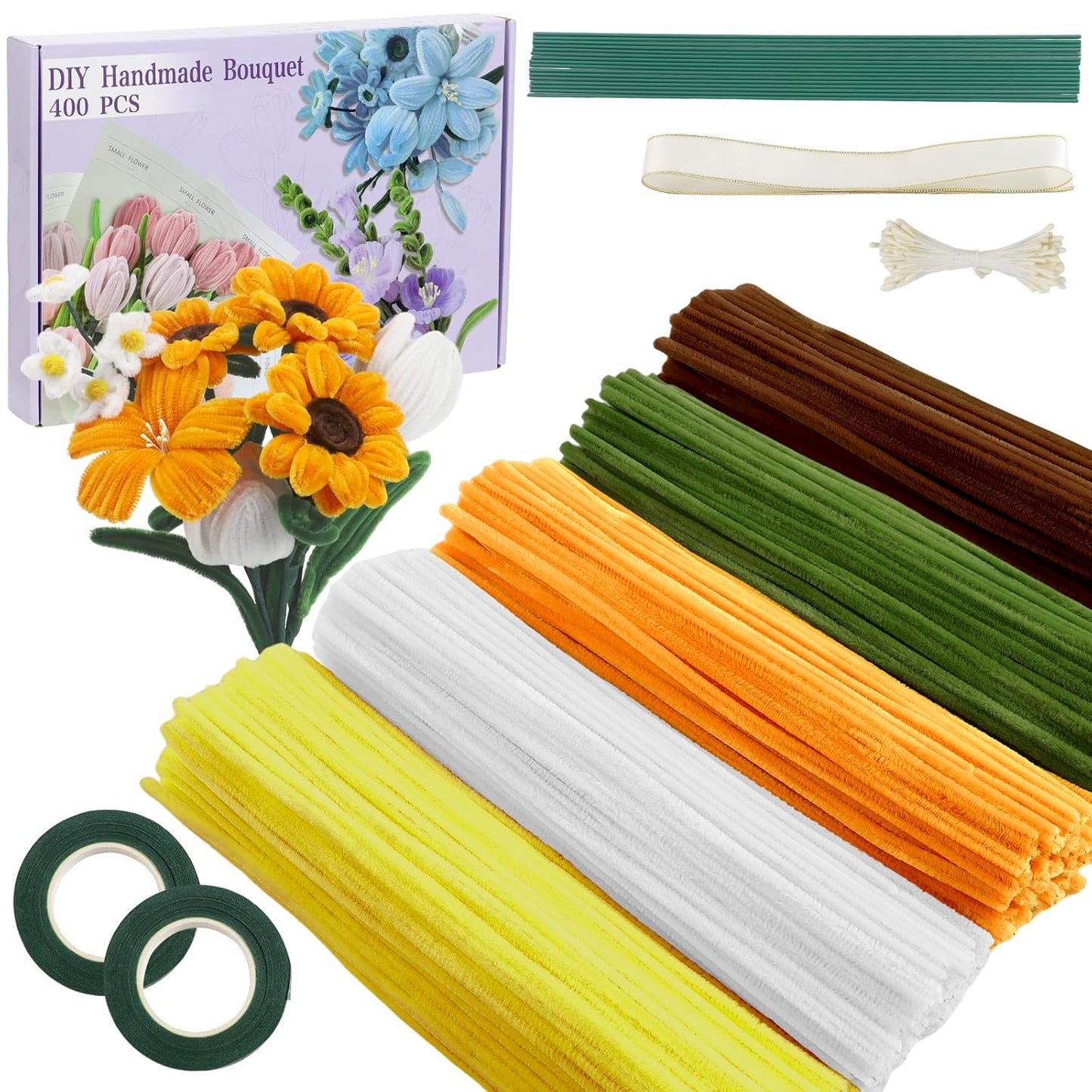 Rosa Tulip Bouquet Pfeifenreiniger Set, 400 Stück Pfeifenputzer zum Basteln 4 Farben Pipe Cleaner mit 20 Stück Grünem Bastelfaden, Geschenkband, Klebeband（Dunkelrosa, Mittelrosa, Hellrosa）