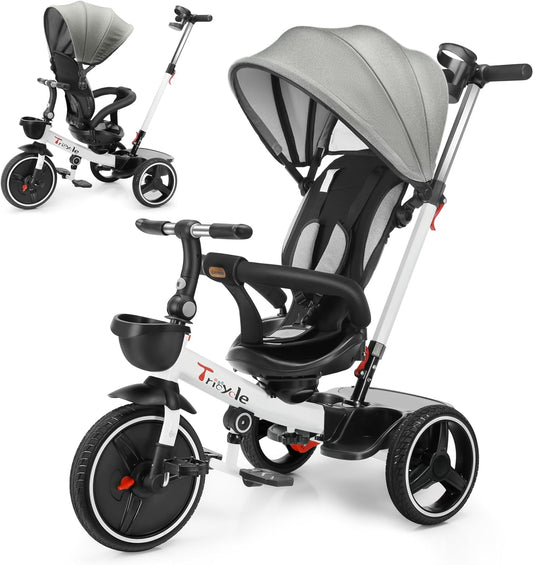 UBRAVOO Baby Dreirad mit Schubstange, 6-in-1-Baby-Push-Bike-Lenk-Kinderwagen, Lernendes Kinderdreirad/Abnehmbare Leitplanke, Verstellbares Verdeck, Sicherheitsgurt, Stoßdämpfungsdesign