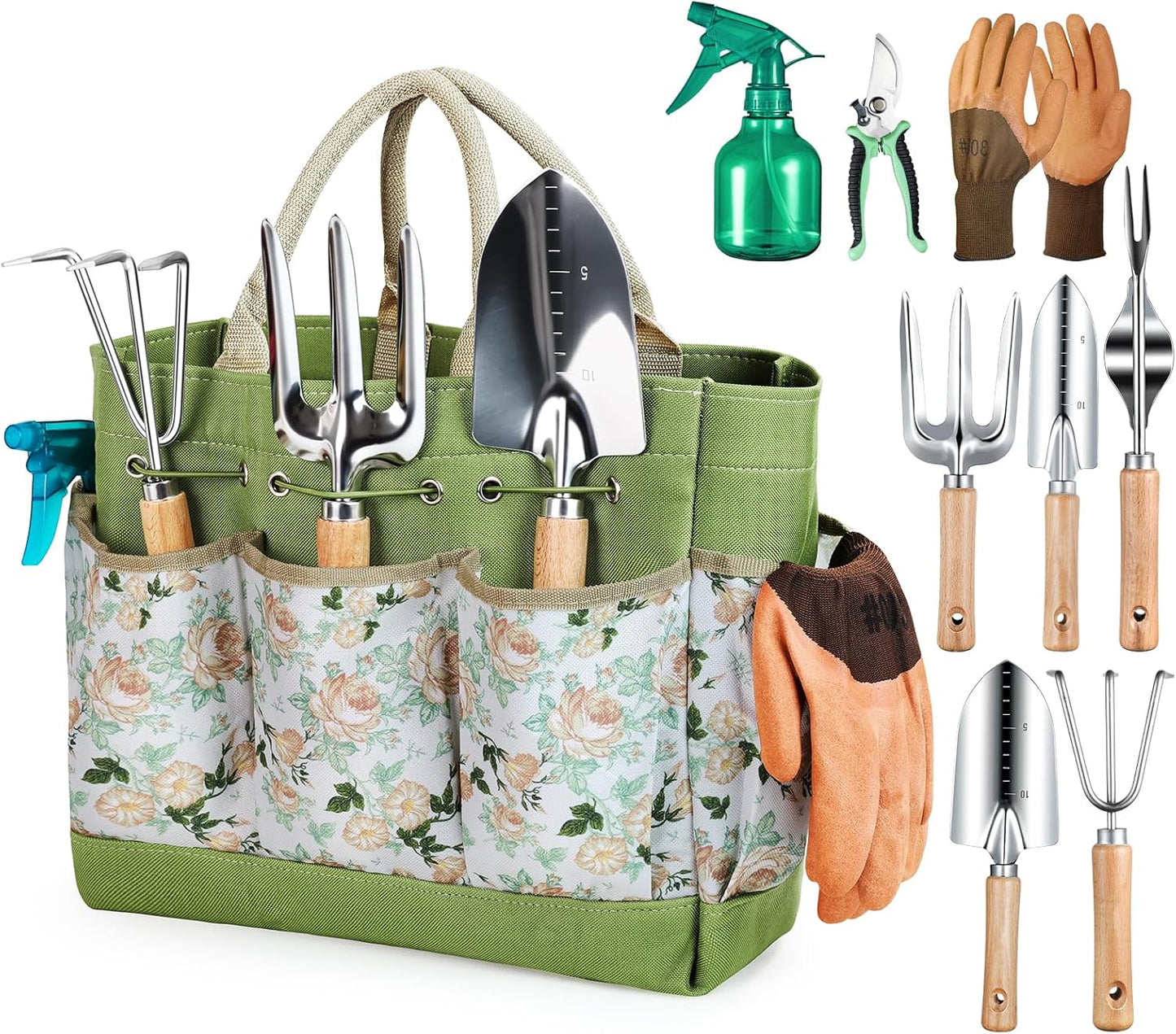 Outils de Jardinage, 9 pièces Ensemble de Jardinage en Acier Inoxydable avec XL Sac de Rangement, Arrosoir, Gants de, Cadeaux de kit Jardinage pour Homme et Femme