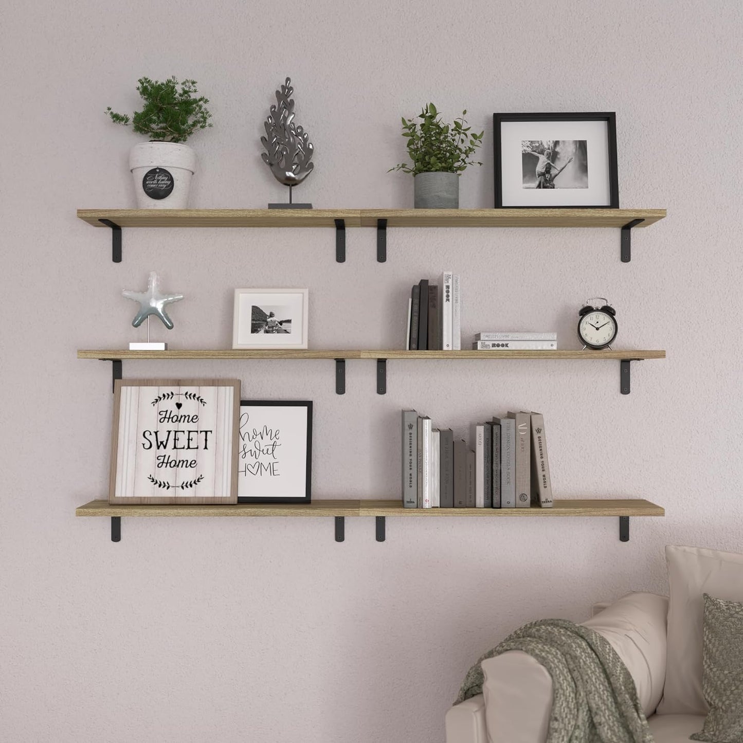 Wood Floating Shelves Set of 6, 24 inch Long Floating Shelves for Wall Decor, Farmhouse Shelf for Bedroom, Bathroom Storage Shelves, Book Shelves for Living Room - Rustic Brown