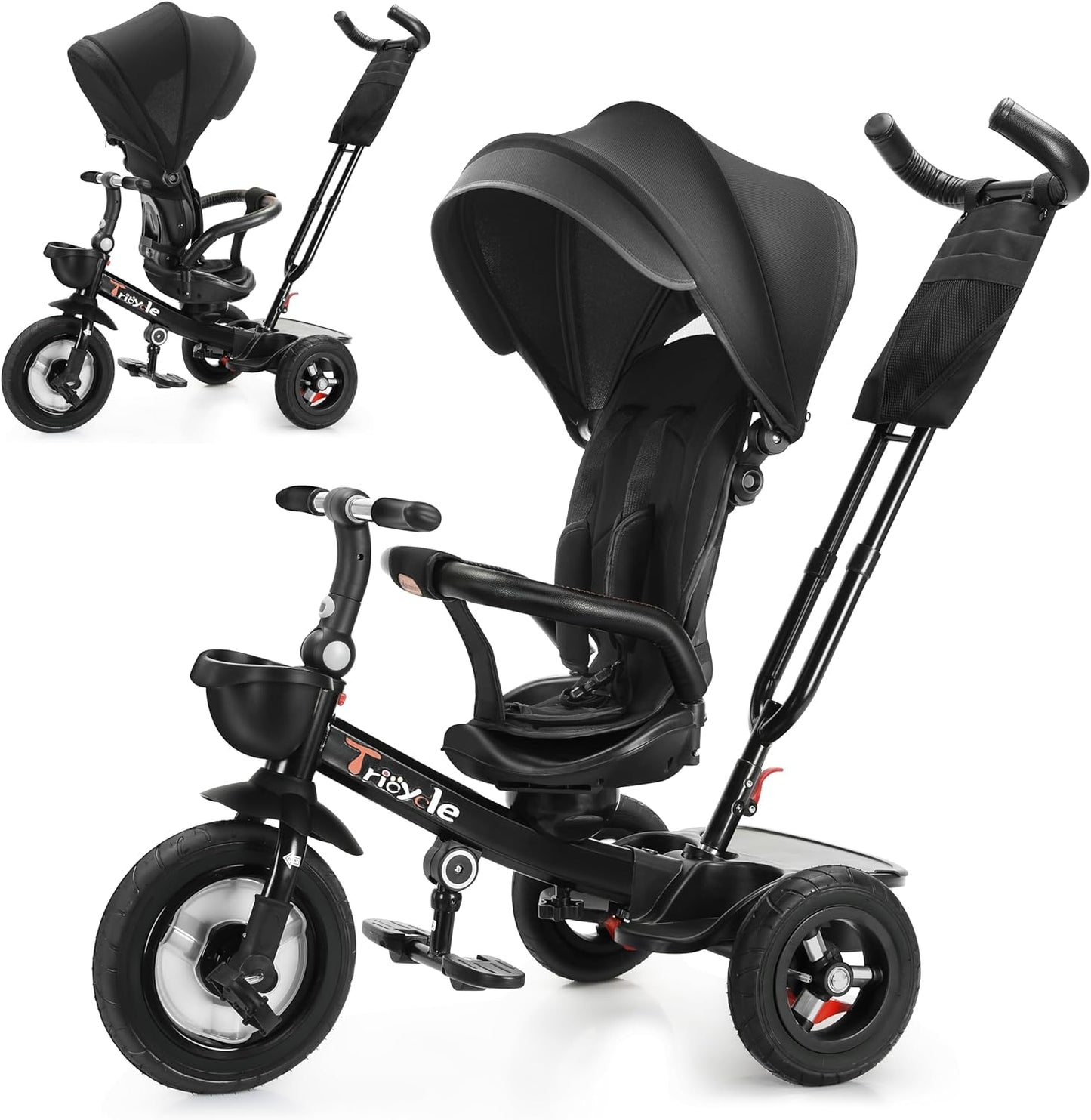 UBRAVOO Baby Dreirad mit Schubstange, 6-in-1-Baby-Push-Bike-Lenk-Kinderwagen, Lernendes Kinderdreirad/Abnehmbare Leitplanke, Verstellbares Verdeck, Sicherheitsgurt, Stoßdämpfungsdesign