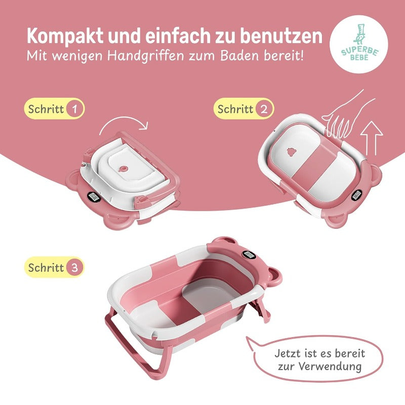 Faltbare Babybadewanne Mit Badekissen Und Integriertem Thermometer - Kinderbadewanne Mit Kostenlosem Badewannenhalter - Ideal Als Geburtsgeschenk Für Mädchen Oder Jungen - Von Geburt An Baby-Badewanne