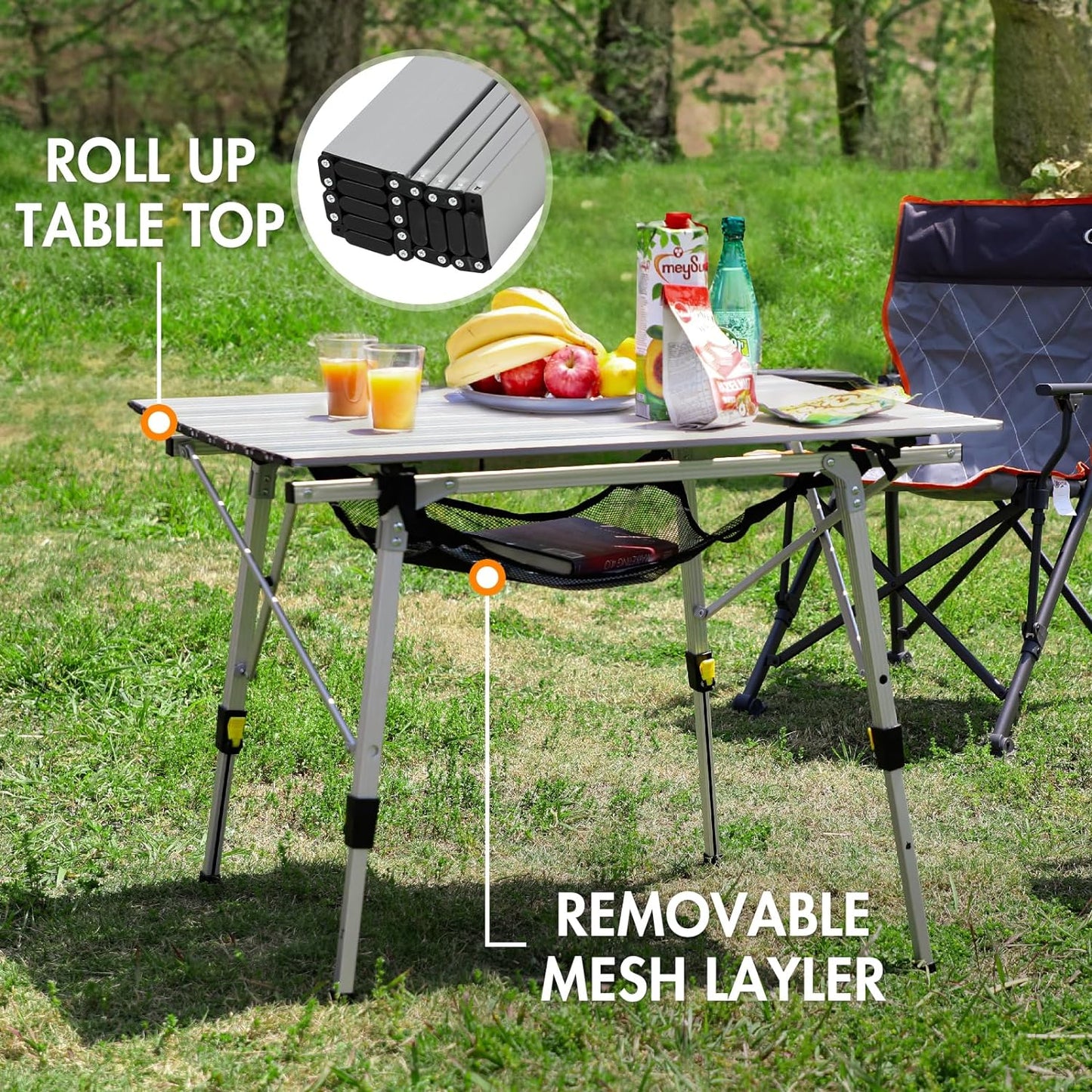 Outdoor Folding Portable Camping Table with Adjustable Height Aluminum Roll Up Table Top Mesh Layer, Silver