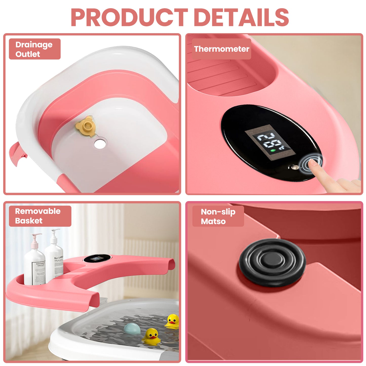 Baby Bath with Thermometer, Foldable Baby Bathtub, Non-Slip Portable Folding Bath with Seat Mat, Baby Bathtub, Baby Bathtub, Portable Travel Bathtub for Newborns from 0-36 Months baby bath tub baby bath