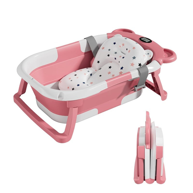 Faltbare Babybadewanne Mit Badekissen Und Integriertem Thermometer - Kinderbadewanne Mit Kostenlosem Badewannenhalter - Ideal Als Geburtsgeschenk Für Mädchen Oder Jungen - Von Geburt An Baby-Badewanne