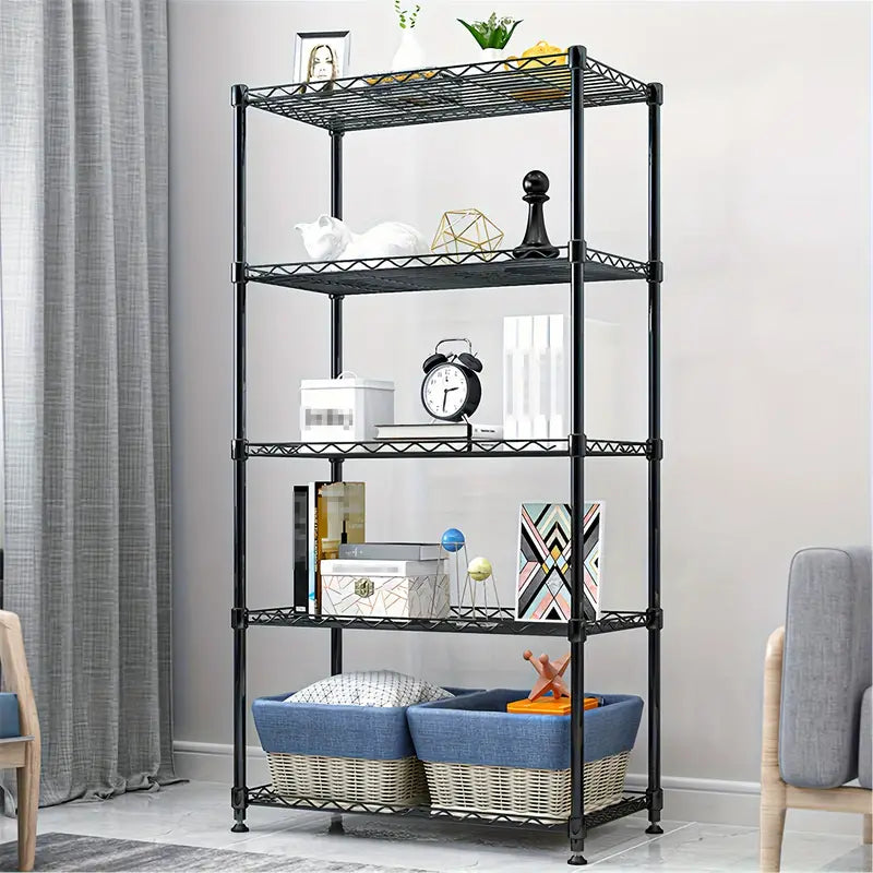 5-Tier Metal Storage Rack, Floor Standing Multipurpose Shelving Unit with Powder Coated Finish, Adjustable Tiered Shelf for Kitchen, Bathroom, Living Room, Bedroom - Black