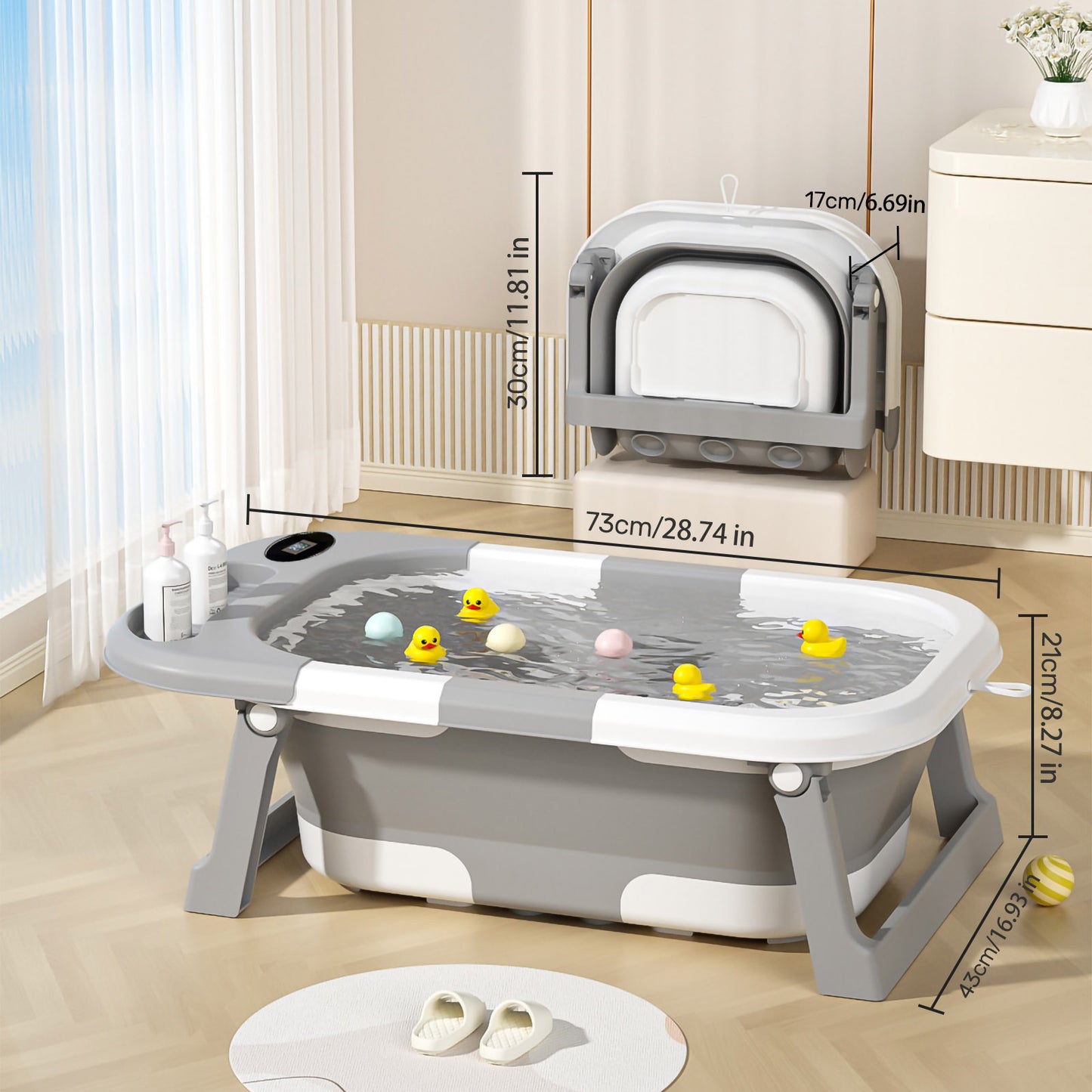 Baby Bath with Thermometer, Foldable Baby Bathtub, Non-Slip Portable Folding Bath with Seat Mat, Baby Bathtub, Baby Bathtub, Portable Travel Bathtub for Newborns from 0-36 Months baby bath tub baby bath