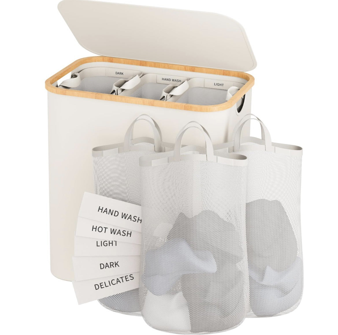 Wäschekorb Mit Deckel, 160L Extra Große Wäschekorb 3 Fächer Schmutzige Kleidung Korb für Wäsche Mit Abnehmbaren Wäschesäcken, Körbe für Schlafzimmer, Waschküche, Beige