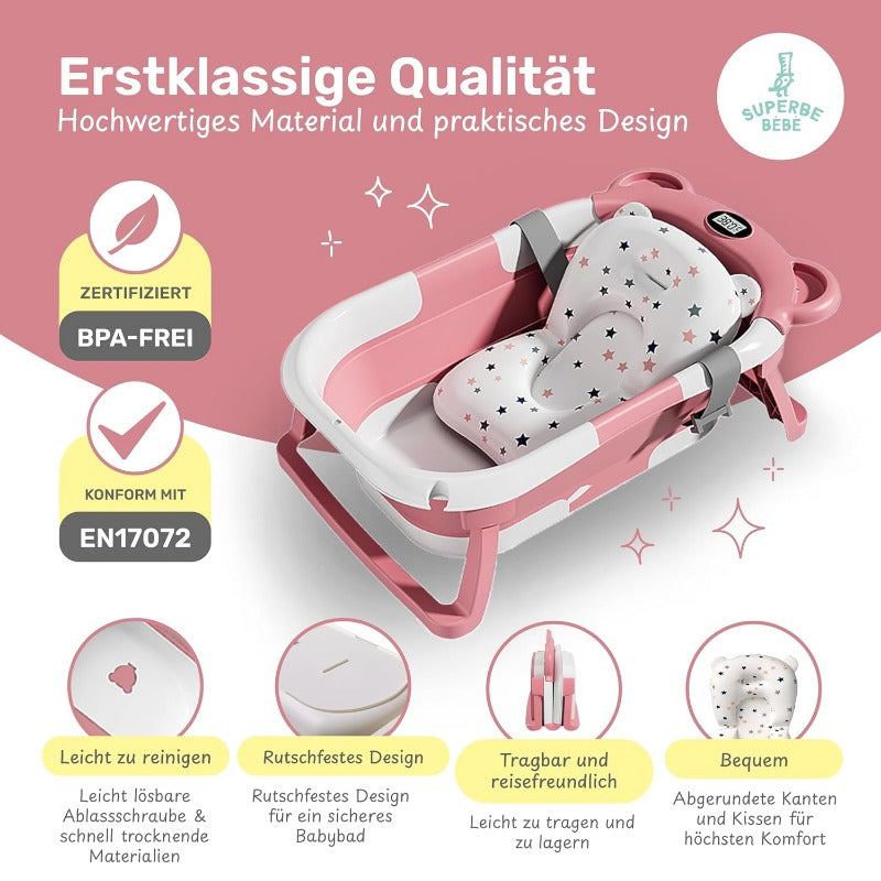 Faltbare Babybadewanne Mit Badekissen Und Integriertem Thermometer - Kinderbadewanne Mit Kostenlosem Badewannenhalter - Ideal Als Geburtsgeschenk Für Mädchen Oder Jungen - Von Geburt An Baby-Badewanne