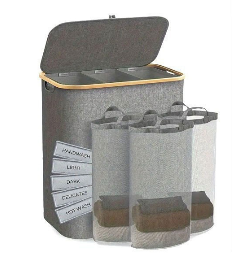 Laundry Basket with Lid, Clothes Hampers for Laundry with Bamboo Handles and A Removable Laundry Bag, Large Foldable Laundry Hamper for Bedroom, Bathroom, Dorm, Laundry Room, White