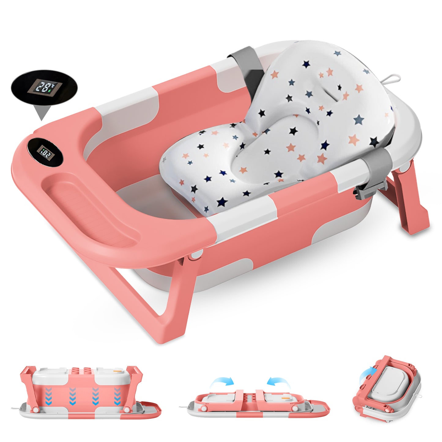 Baby Bath with Thermometer, Foldable Baby Bathtub, Non-Slip Portable Folding Bath with Seat Mat, Baby Bathtub, Baby Bathtub, Portable Travel Bathtub for Newborns from 0-36 Months baby bath tub baby bath