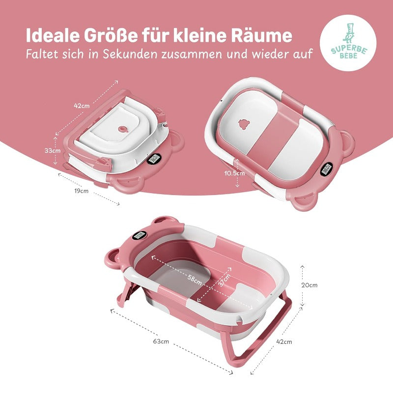 Faltbare Babybadewanne Mit Badekissen Und Integriertem Thermometer - Kinderbadewanne Mit Kostenlosem Badewannenhalter - Ideal Als Geburtsgeschenk Für Mädchen Oder Jungen - Von Geburt An Baby-Badewanne