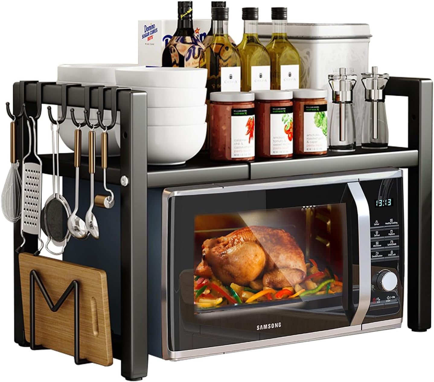 Microwave Rack 2 Tier Microwave Rack with 6 Hooks Kitchen Storage Rack Countertop Microwave Bread Rack