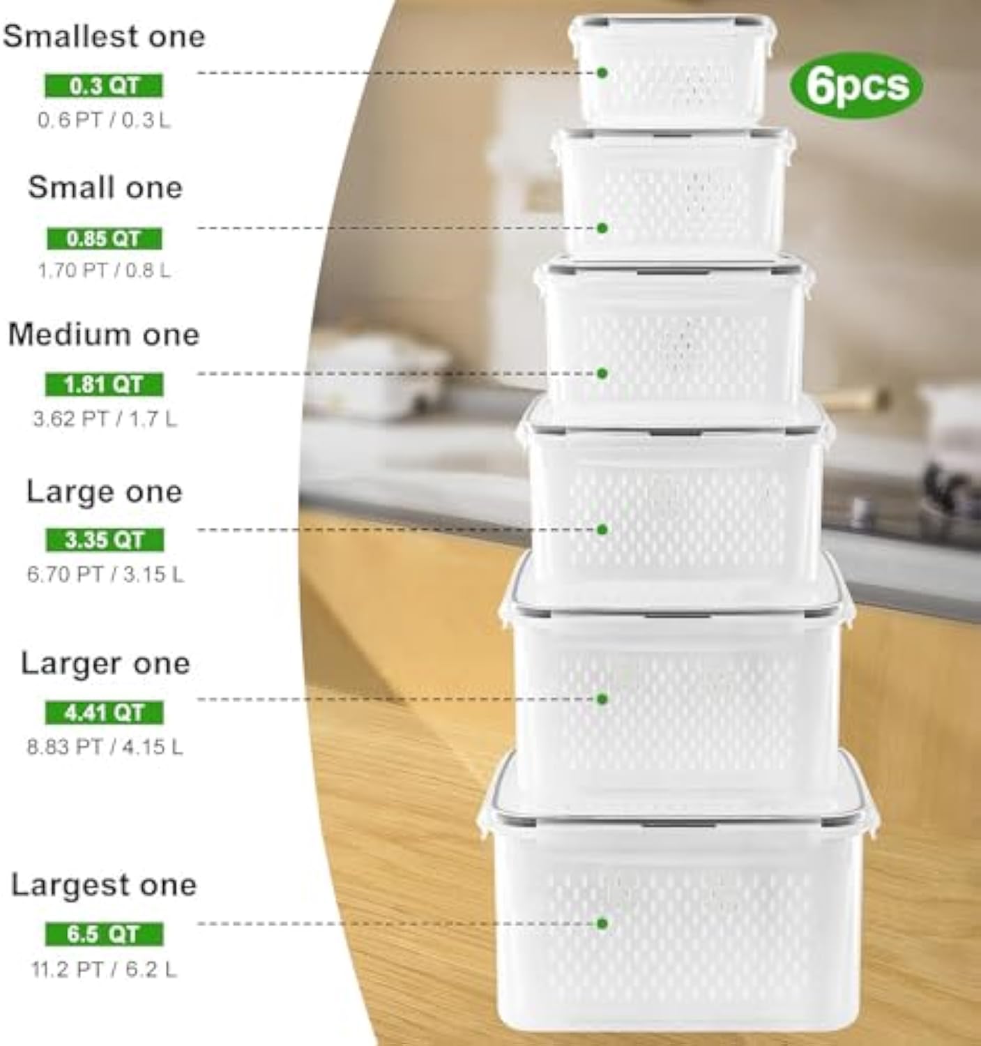 6 große Obstbehälter für den Kühlschrank – auslaufsichere Frischhaltedosen mit herausnehmbarem Sieb – spülmaschinen- und mikrowellengeeignete Obst- und Gemüsebehälter halten Obst, Gemüse, Beeren und Fleisch länger frisch