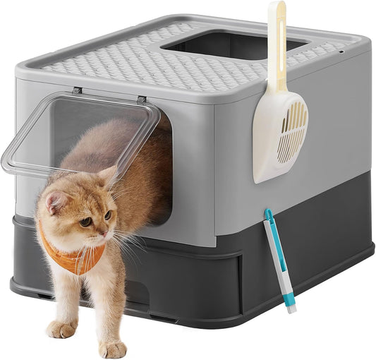 Cat Litter Tray with Lid, Extendable Tray, Scoop, Brush, Spacious for Cats up to 15 kg, Less Marks, Leak-proof Base, Oatmeal Warm Grey