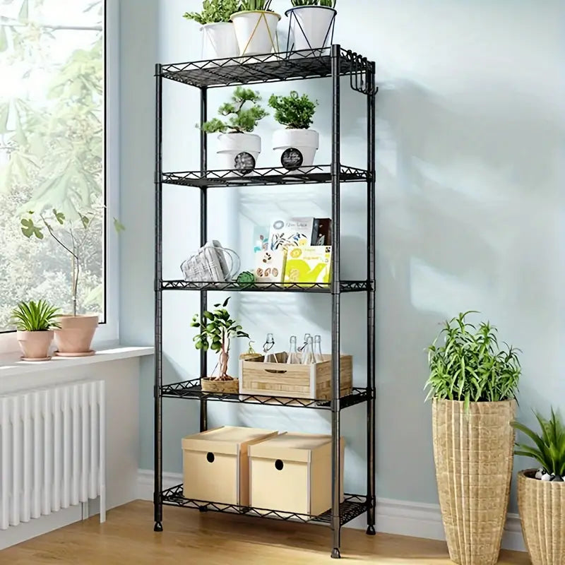 5-Tier Metal Storage Rack, Floor Standing Multipurpose Shelving Unit with Powder Coated Finish, Adjustable Tiered Shelf for Kitchen, Bathroom, Living Room, Bedroom - Black