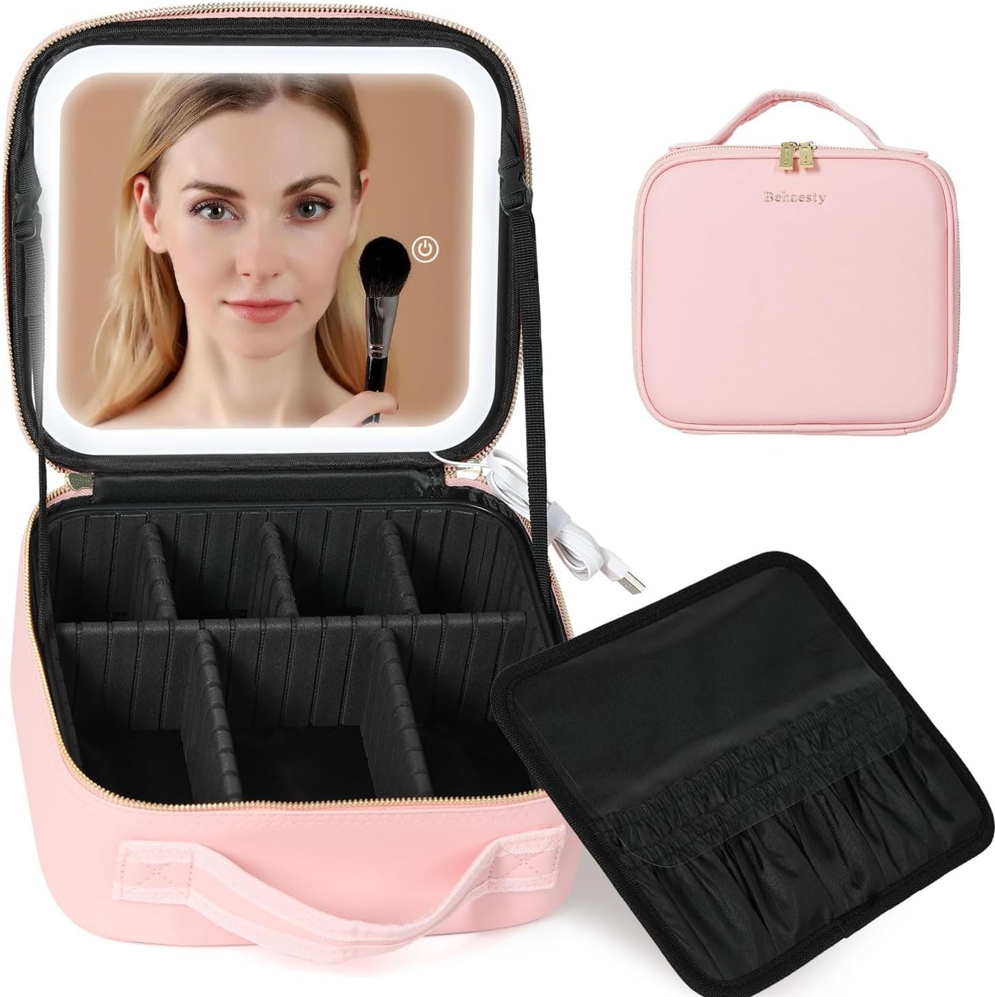 Reise-Make-up-Tasche mit LED-beleuchtetem Spiegel, Kosmetik-Make-up-Organizer-Tasche mit 3 Farbeinstellungen, Make-up-Etui mit verstellbaren Trennwänden für Damen, Make-up-Pinsel, Schmuckzubehör