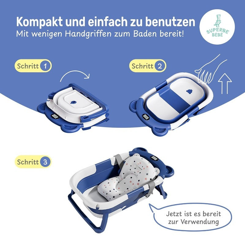 Faltbare Babybadewanne Mit Badekissen Und Integriertem Thermometer - Kinderbadewanne Mit Kostenlosem Badewannenhalter - Ideal Als Geburtsgeschenk Für Mädchen Oder Jungen - Von Geburt An Baby-Badewanne